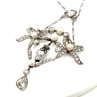 Art Deco Platinum Natural Pearl & Diamond Necklace