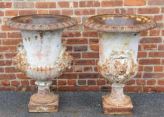 Antique Pair of Impressive Cast Iron Garden Urns.