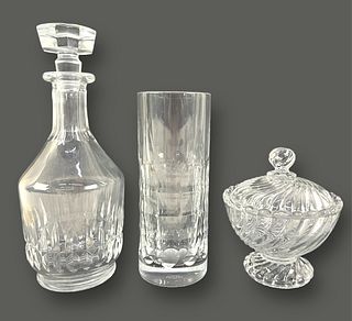 (3) Baccarat Crystal Decanter, Vase, & Lidded Bowl