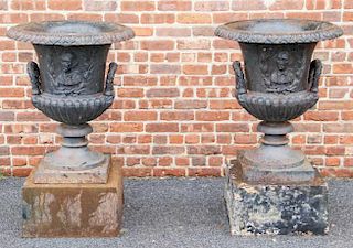 Impressive Pair Of Antique Cast Iron Garden Urns.