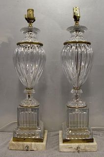 Pair of Baccarat Style Turned Glass Lamps on