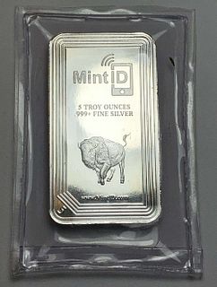 Mint ID Buffalo 5 ozt .999 Silver Bar 