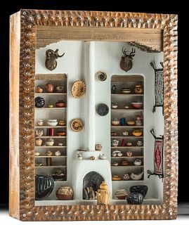 Diorama w/ Miniature Native American Pottery + Weavings