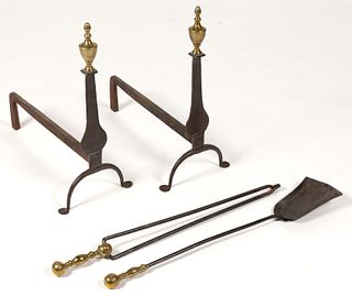 AMERICAN FEDERAL WROUGHT-IRON AND BRASS PAIR OF ANDIRONS AND FIREPLACE TOOLS
