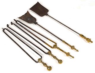 ASSORTED AMERICAN BRASS AND WROUGHT-IRON FIREPLACE / HEARTH TOOLS, LOT OF FIVE