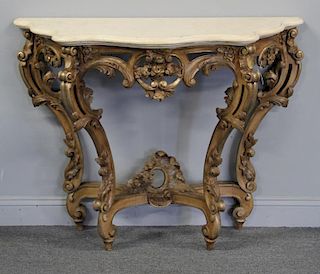 Roccocco Carved Wood Marble Top Console.