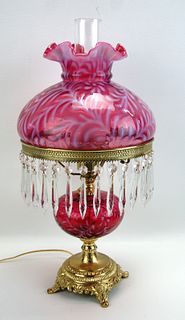 FENTON DAISY AND FERN CRANBERRY GLASS BANQUET LAMP