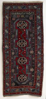 Kazak throw rug dated 1913, with navy field and mu