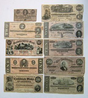 Nine pcs. of Confederate currency, together with a