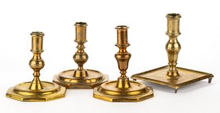 ASSORTED CONTINENTAL OCTAGONAL AND SQUARE-BASE BRASS CANDLESTICKS, LOT OF FOUR
