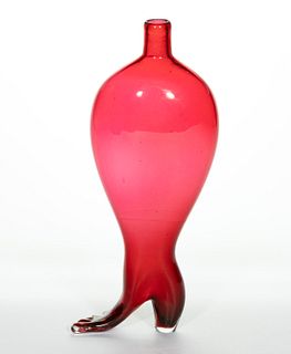 FREE-BLOWN CASED GLASS FOOT FLASK