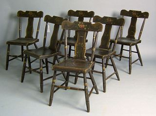 Set of 6 painted plank seat chairs, mid 19th c., r