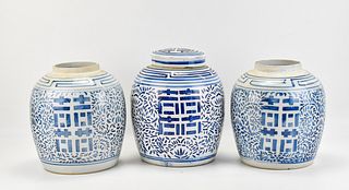 TRIO OF VINTAGE BLUE AND WHITE GINGER JARS