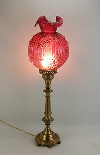 FENTON CABBAGE ROSE GLASS AND BRASS PARLOR LAMP