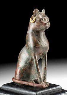 Exhibited Egyptian Bronze Cat, Original Gold Earrings