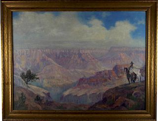 Signed 20th C. Grand Canyon Scene, Horse w/ Rider