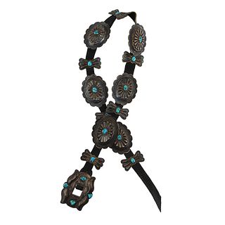 Navajo Guild - Number 8 Turquoise, Silver, and Leather Concho Belt c. 1940s
