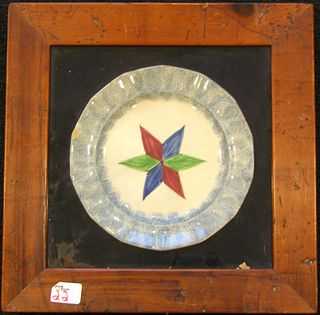 Framed blue spatter plate with star, 9 1/2" dia.(l