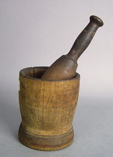 Carved and turned mortar and pestle, 19th c., 13".