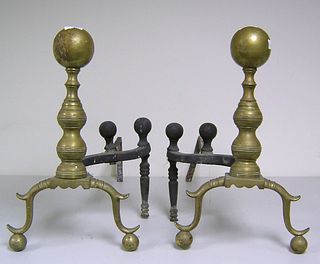 Pair of brass andirons, late 19th c., 18 1/2" h.
