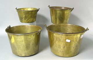 Four brass buckets, largest - 9" h., 13 3/4" dia.
