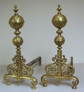 Pair of brass andirons, late 19th c., together wit