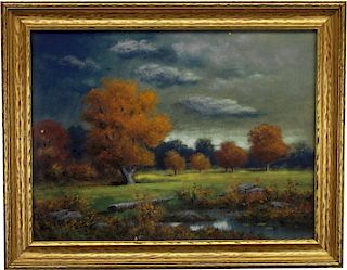Antique American School Pastel, Autumnal Landscape