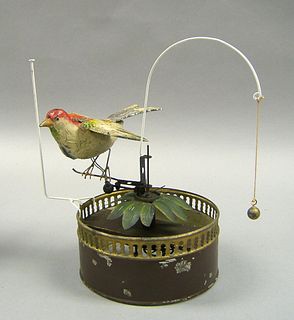 German painted tin mechanical bird, ca. 1900, 9" h