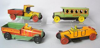 Four Cheim painted tin automotive toys, 1930's, 9"