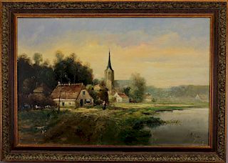 Signed 19th C. Dutch Village Oil/Canvas