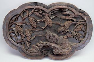 Chinese Carved Wooden Plaque w/ Quail