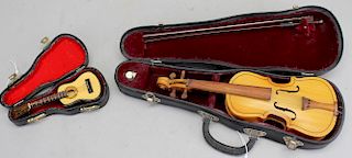 (2) Miniature Instruments w case, Violin & Guitar