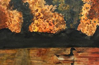 20th C. Duck on a Lake Watercolor