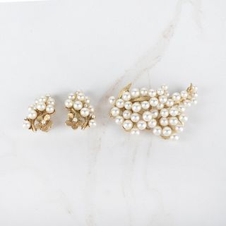 Pearl and 14K Brooch and Ear Clips