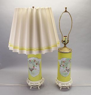 Pair of Antique Chinese Yellow Lamps w/ Shades