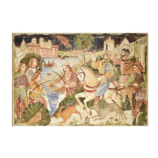 Fresco Style Painting Persian Hunting Scene