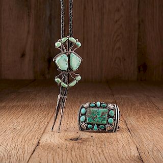Navajo Silver and Turquoise Bolo Tie and Cuff
