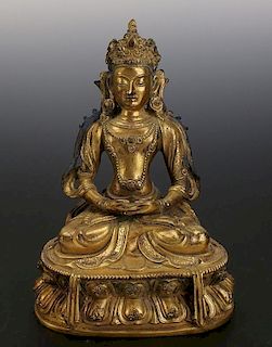 ANTIQUE Chinese Ming Dynasty Gilt Bronze Buddha (AD 1368-1644) figure, finely cast, seated in full lotus position upon lotus 