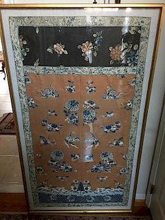 ANTIQUE Chinese Large Embroidery Panel with flowers and figurines. Late 19th century. 61" x 35" wide