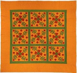 Applique quilt, ca. 1900, with red and green calic