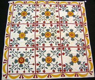 Applique quilt, ca. 1900, with red, yellow, and gr