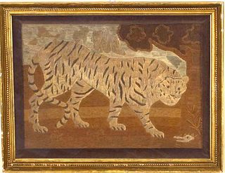 Woolwork, 19th c., of a tiger in a landscape, 15 1