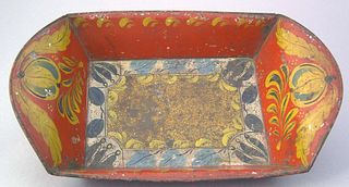 Red toleware bread tray, 19th c., with yellow, gre