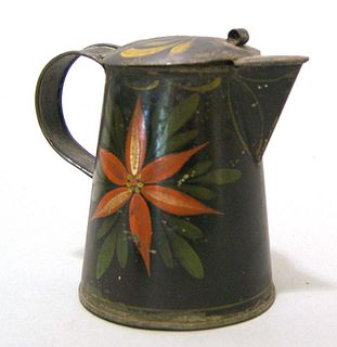 Black toleware syrup pitcher, 19th c., with red an