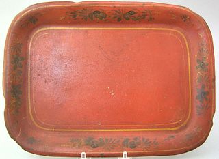Red toleware tray, 19th c., with foliate decorated