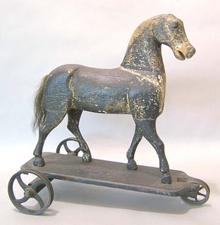 Carved and painted horse pull toy, ca. 1900, retai