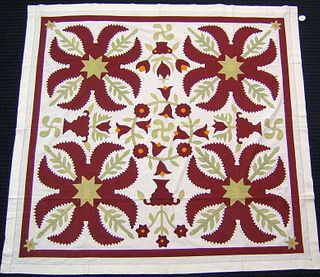 Applique summer quilt, ca. 1900, with red, tan, an