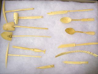 Group of miniature carved whale bone tools, ca. 19