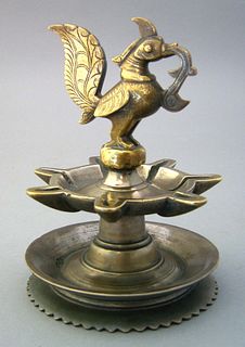 Southeast Asian brass oil lamp with bird finial an