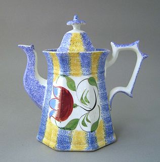 Yellow and blue rainbow spatter teapot, 19th c., w